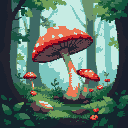 pixel art 256x256, forest, green, light blue, beautifull champignon, detaillé, abstract, blurry, dark, day