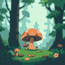 pixel art 256x256, forest, green, light blue, beautifull, little champignon, detaillé, abstract, blurry, dark, day