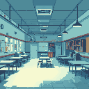 200x100 pixel art of a school cafetaria that is big and looks a but unnerving like liminal space and give it a little blueish tint look
