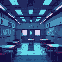 200 by 100 pixel art of a school cafeteria with an unnerving look like liminal spaces and a blueish tint color