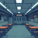 200x100 pixel art of a school cafetaria that looks a but unnerving like liminal spacesand give it a little blueish tint look