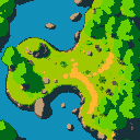 create a top down pixel-art style, rpg top-down town-like, outdoor map set in a vibrant, green forest area surrounded by water. the map should have grassy paths, trees, rocks, and small flower patches.