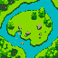 create a top down pixel-art style, rpg top-down town-like, outdoor map set in a vibrant, green forest area surrounded by water. the map should have grassy paths, trees, rocks, and small flower patches.