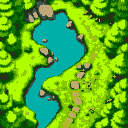 in wide aspect ratio, create a top down pixel-art style, rpg top-down town-like, outdoor map set in a vibrant, green forest area surrounded by water. the map should have grassy paths, trees, rocks, and small flower patches.