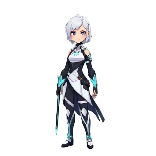 white-haired female warrior in a sleek black and white outfit with asymmetrical design, glowing blue accents, and a futuristic sword. calm expression, short layered hair, standing in a windswept sci-fi landscape with echoes of lost memories.