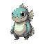 a full body illustration of a stylized and cute cartoon fish-like creature, presented as a chibi sprite. the character has a light blue-grey, rounded body with small fins for feet and on its head. it'