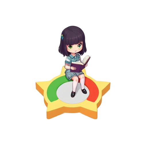 a girl with mid length dark broun hair siting on a progress bar star theamed and  reading a book 