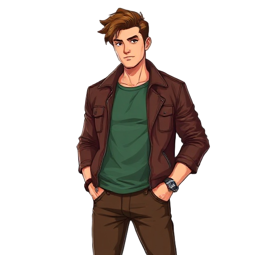 hand-painted style 2d illustration. withe man brown hair. brwon leather jacket, green t-shirt. brown pants