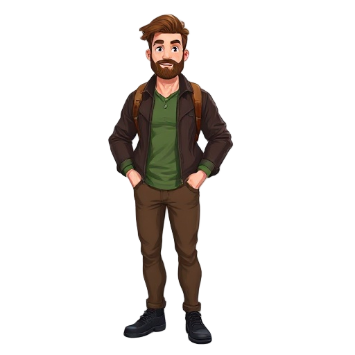 a white man with average build, brown side-combed hair, stubble beard. green shirt, dark brown leather jacket, brown pants, black shoes, brown backpack. standing, hands visible. transparent bg.