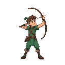 um arqueiro mirando seu arco e flecha para o alto. ele utiliza roupas verdes e azuis, e seu estilo de arte se assemelha aos jogos da snk