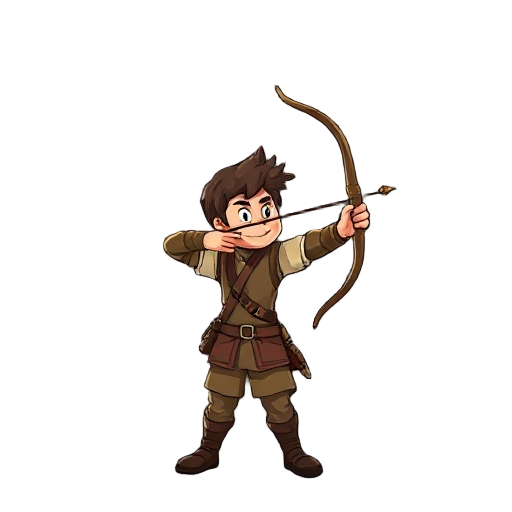an archer holding his bow in an attack position, aiming at the sky at a 90° angle or as high as realistically possible.