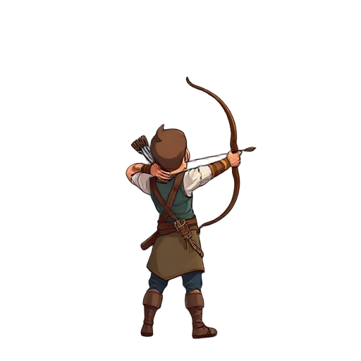 an archer seen from behind, holding his bow in an attack position, aiming at the sky at a 90-degree angle.