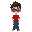 boy, curly hair, red shirt, jeans, round glasses