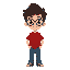boy, curly hair, red shirt, jeans, round glasses