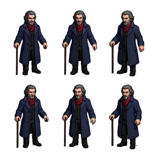2d pixel art isometric sprite sheet of edgar allan poe for a dark fantasy rpg. focus entirely on smooth, natural idle animation loops in 8 directions. poe wears a dark blue trench coat, red scarf, black victorian clothes, and holds a cane. animations must