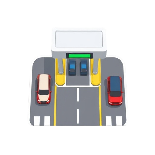 a top down road toll booth with passing vehicles