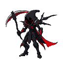 grim reaper mech with scythe, black and red, side view, flying