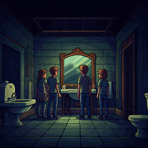 a 1-bit pixel art dark and eerie bathroom lit by flickering candlelight. the scene shows a group of 4 teenagers standing in front of an old, cracked mirror. 