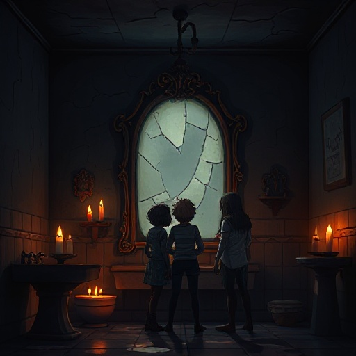 a dark and eerie bathroom lit by flickering candlelight. the scene shows a group of four people standing in front of an old, cracked mirror. 