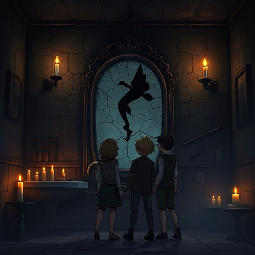 a dark and eerie bathroom lit by flickering candlelight. the scene shows a group of four people standing in front of an old, cracked mirror. 