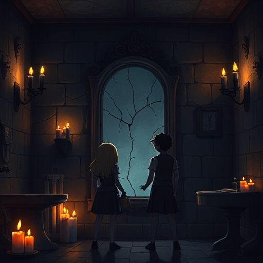 a dark and eerie bathroom lit by flickering candlelight. the scene shows a group of 4 people standing in front of an old, cracked mirror. 