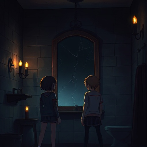 a dark and eerie bathroom lit by flickering candlelight. the scene shows a group of 4 teenagers standing in front of an old, cracked mirror. 