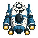 capsule corp spaceship from anime dragon ball z, sleek futuristic design, white and blue hull, compact capsule shape, sci-fi tech details, glowing engines, top-down view, high-tech anime style