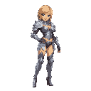 female warrior, wearing bikini armor, high heels, silver armor, short hair, blonde hair, green eyes