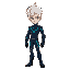pixel art male character, full body. spiky white hair, peach skin, yellow eyes. dark blue suit w/ teal accents. gloves, black boots. white background. real anatomy