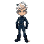 pixel art male character, full body. spiky white hair, peach skin, yellow eyes. dark blue suit w/ teal accents. gloves, black boots. white background.
