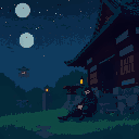 generate a 16:9 format pixel art 128x128. it shows a anime inspired ninja sleeping and sitting and leaning against the wall of an old japanese temple at night. the ninja is sitting on grass. the scene