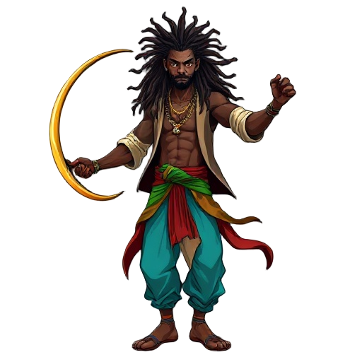 full body image of a black male fantasy dancer wielding a chakram. long rasta hair, dressed stylish and elegant opened shirt and turquoise clothing pants 
