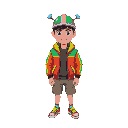 isometric pixel-art adult avatar, broad shoulders, small head, vibrant multicolor jacket, rainbow propeller hat, cargo shorts, neon sneakers, simple face, transparent background