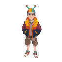 isometric pixel-art adult avatar, broad shoulders, small head, vibrant multicolor jacket, rainbow propeller hat, cargo shorts, neon sneakers, simple face, transparent background