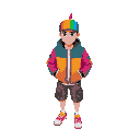 isometric pixel-art adult avatar, broad shoulders, small head, vibrant multicolor jacket, rainbow propeller hat, cargo shorts, neon sneakers, simple face, transparent background