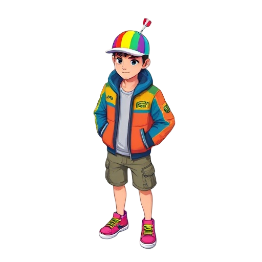 isometric pixel-art adult avatar, broad shoulders, small head, vibrant multicolor jacket, rainbow propeller hat, cargo shorts, neon sneakers, simple face, transparent background