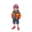 isometric pixel-art adult avatar, broad shoulders, small head, vibrant multicolor jacket, rainbow propeller hat, cargo shorts, neon sneakers, simple face, transparent background