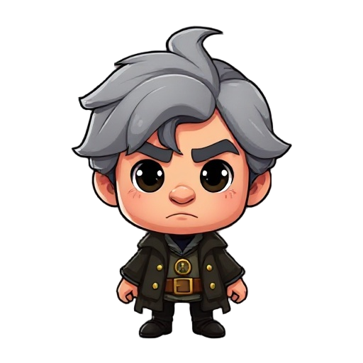 cartoonish character of arthur conan doyle with gray hair and round head