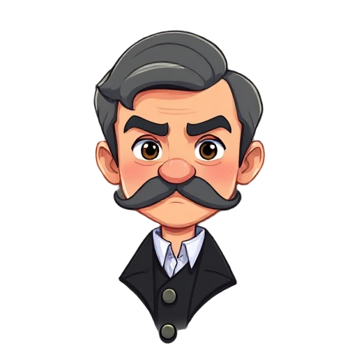 cartoonish character of arthur conan doyle with short gray hair and straight moustache
