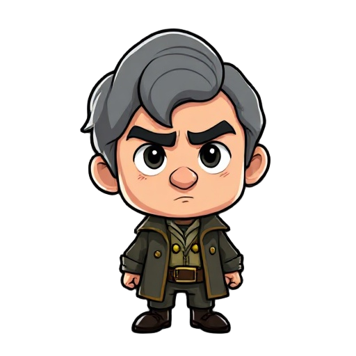 cartoonish character of arthur conan doyle with gray hair and round head