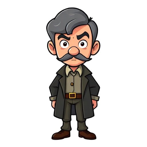 cartoonish character of arthur conan doyle with short gray hair and straight moustache