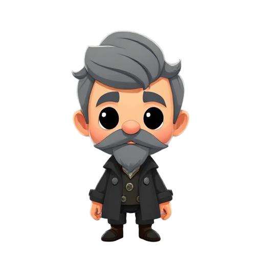 cartoonish character of arthur conan doyle with gray hair and round head