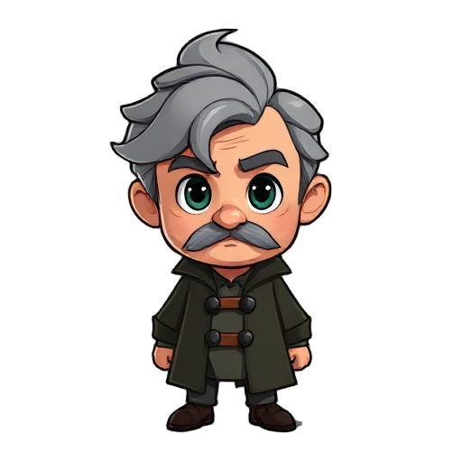 cartoonish character of arthur conan doyle with gray hair and round head