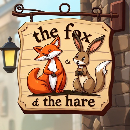 a sign for a tavern with the text "the fox & the hare" as wellas an image of a fox an a hare on the sign. the text should be very correct and the image should be realistic. 