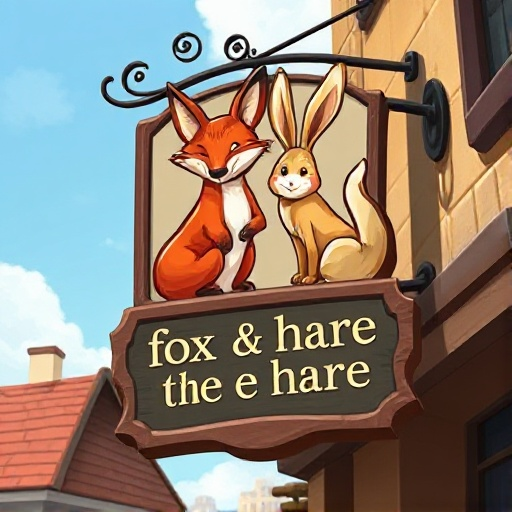 a sign for a tavern called "the fox & the hare" as well as an image of a fox an a hare on the sign. realistic, 