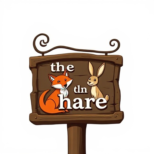 a sign for a tavern called with text "the fox & the hare" and an image of a fox and a hare on the sign. 