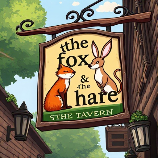 a hanging sign for a tavern called "the fox & the hare" whith an image of a fox and a hare on it. should be large and realistic. make sure the text is correct. 