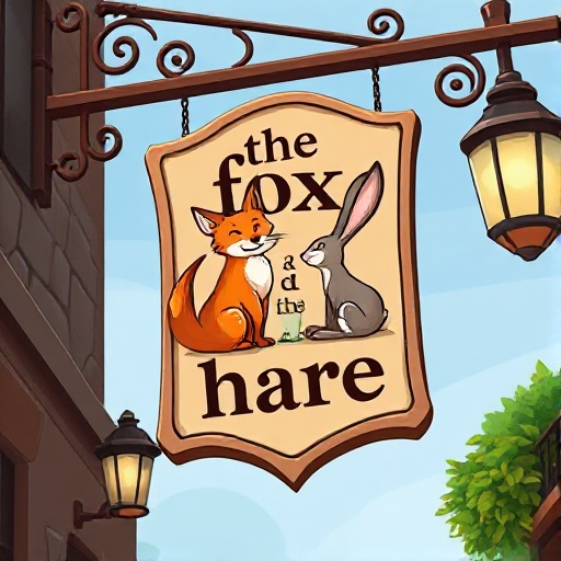 a hanging sign for a tavern called "the fox & the hare" whith an image of a fox and a hare on it. should be large and realistic. make sure the text is correct. 