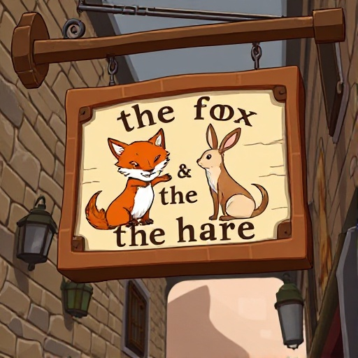 a hanging sign for a tavern called "the fox & the hare" whith an image of a fox and a hare on it. should be large and realistic. make sure the text is correct. 