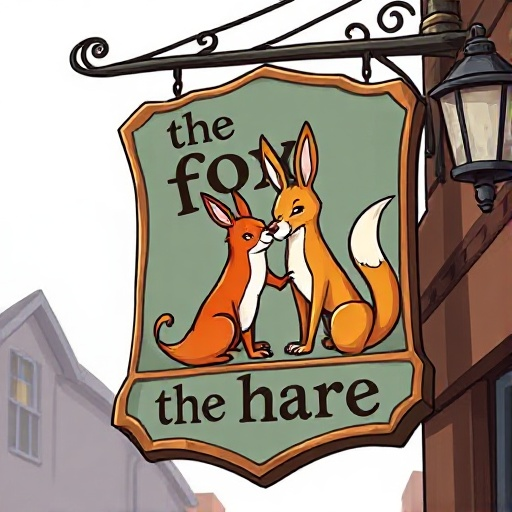 a sign for a tavern called with text "the fox & the hare" and an image of a fox and a hare on the sign. 
